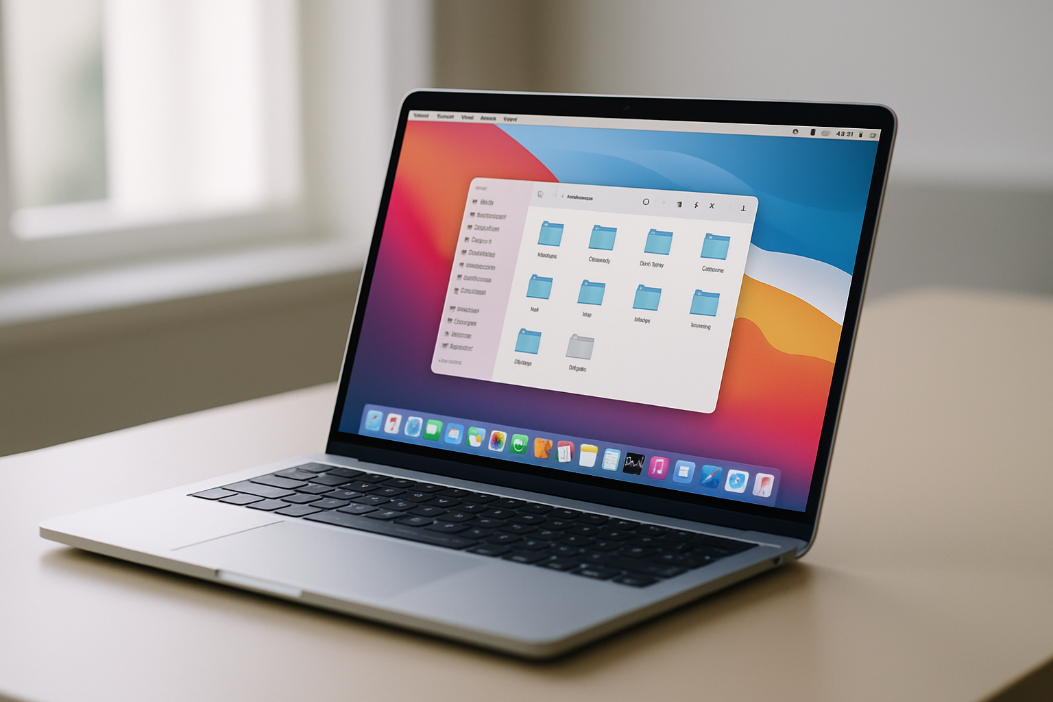 Un MacBook d'occasion sur un bureau minimaliste avec l'interface macOS visible