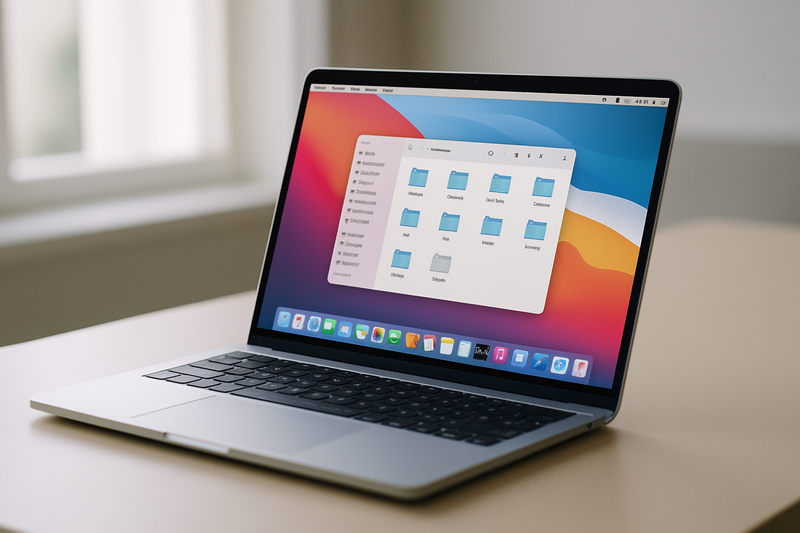Un MacBook d'occasion sur un bureau minimaliste avec l'interface macOS visible