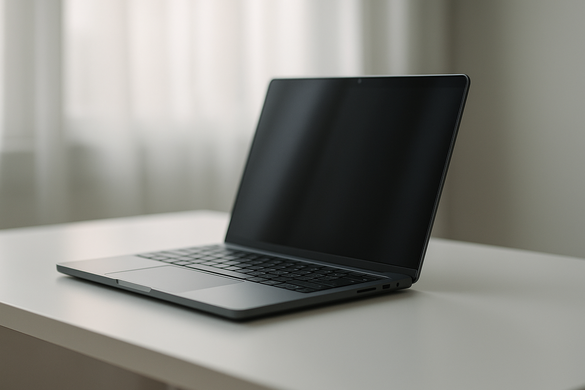 Illustration d'un MacBook Pro moderne sur un bureau épuré
