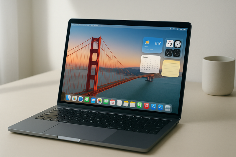 MacBook avec macOS Golden Gate sur un bureau épuré