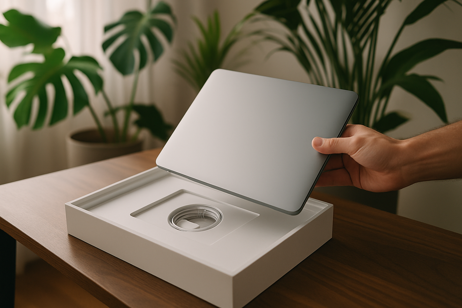 Un MacBook moderne déballé sur un bureau élégant avec des plantes tropicales en arrière-plan