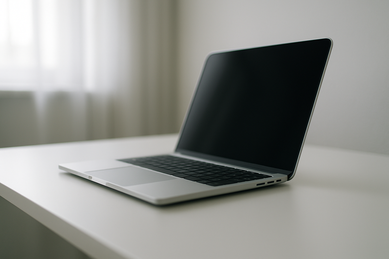 MacBook d'occasion sur un bureau épuré en lumière naturelle