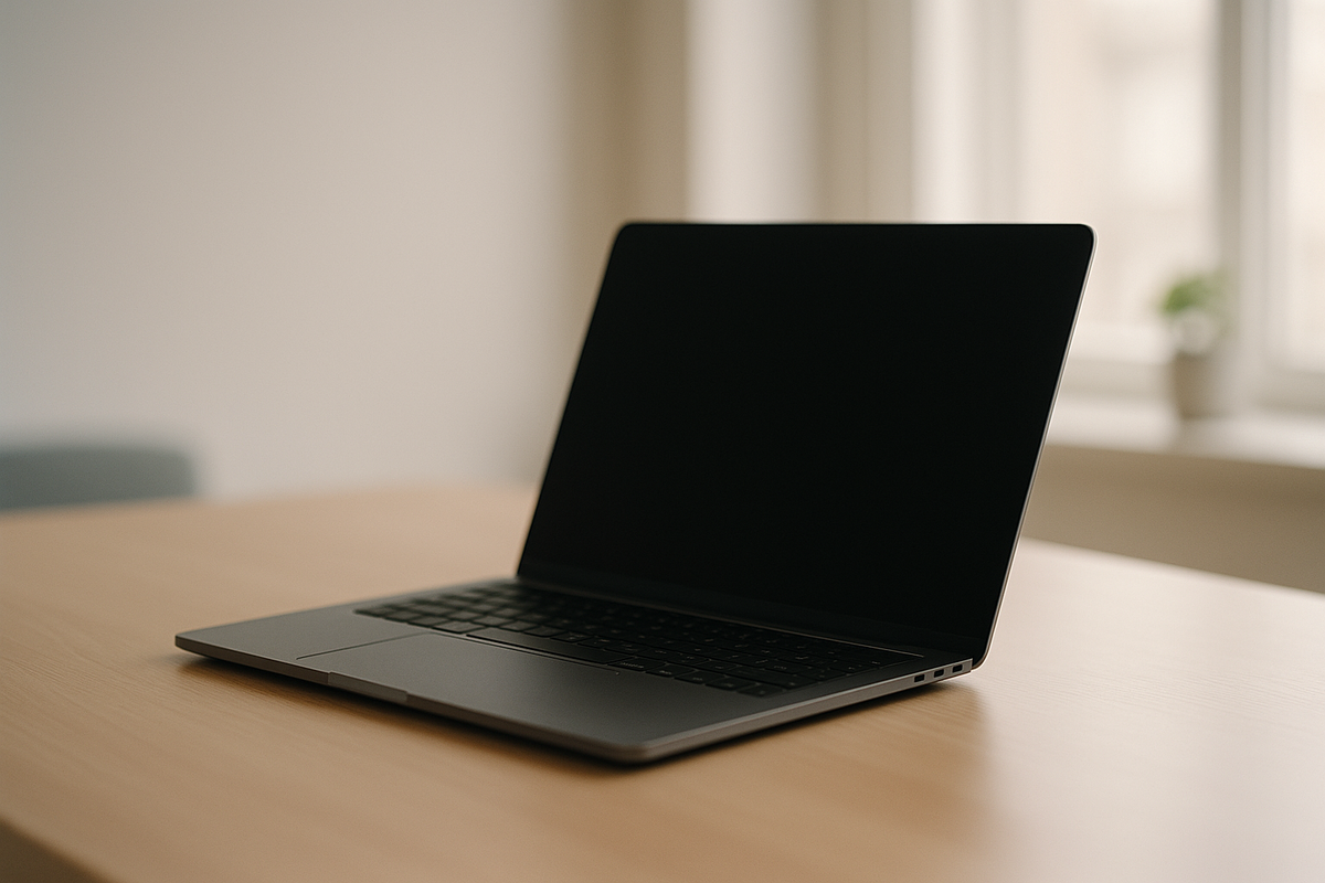 MacBook moderne sur un bureau minimaliste, lumière douce