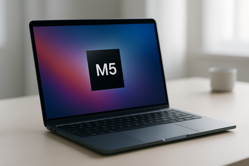 MacBook avec processeur Apple Silicon M5 sur un bureau minimaliste