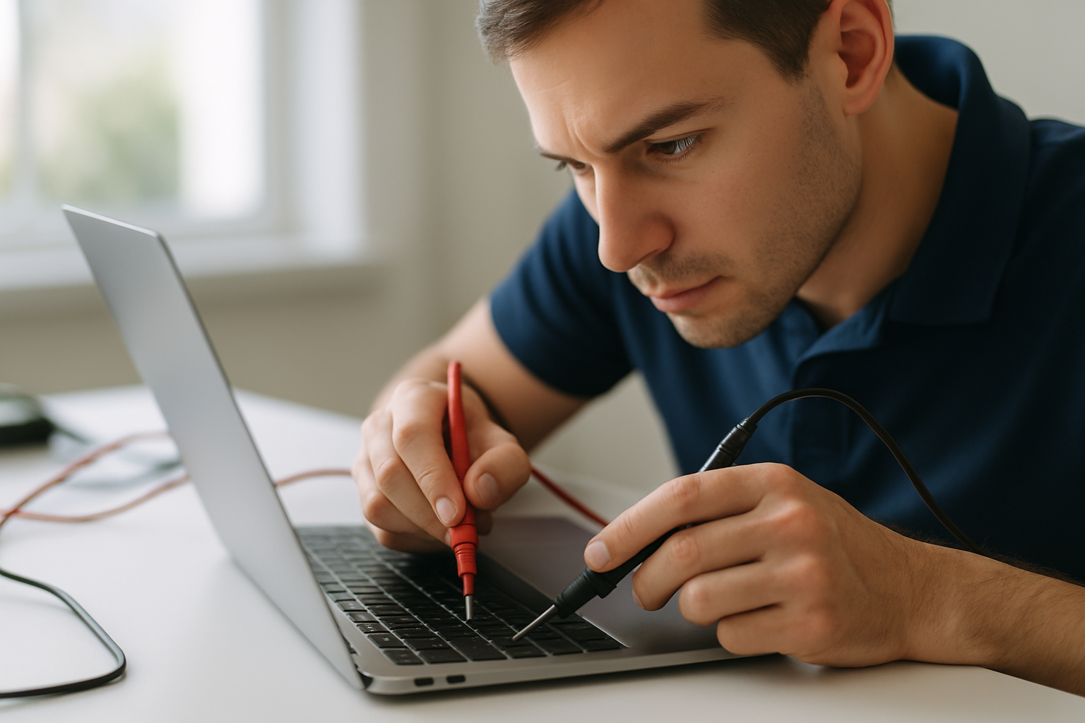 Technicien testant un MacBook dans un environnement de travail soigné