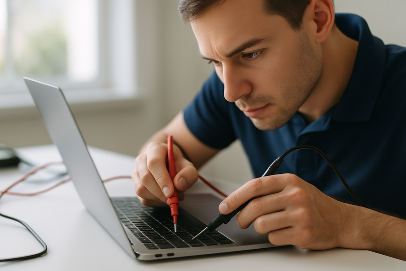 Technicien testant un MacBook dans un environnement de travail soigné