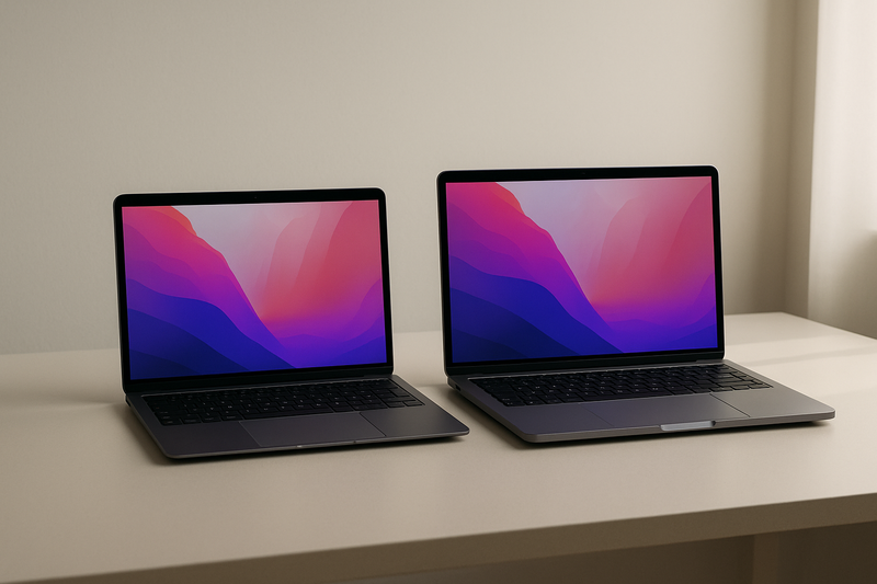 Comparaison d'un MacBook Air et d'un MacBook Pro sur un bureau minimaliste
