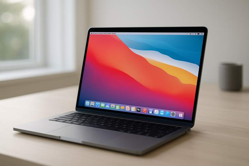 MacBook d'occasion affichant l'interface de macOS sur un bureau minimaliste