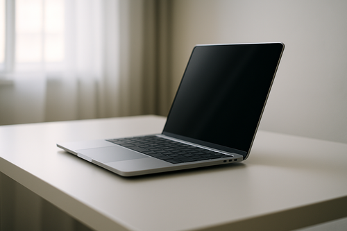 Illustration d'un MacBook d'occasion sur un bureau épuré