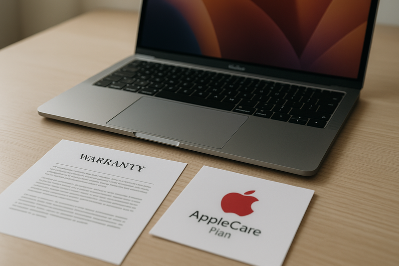 MacBook d'occasion avec documents de garantie et AppleCare sur un bureau minimaliste