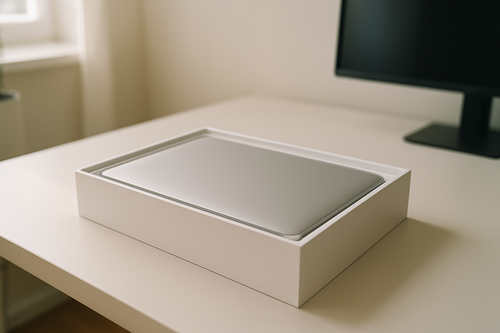 Un MacBook en Open Box sur un bureau épuré, état neuf