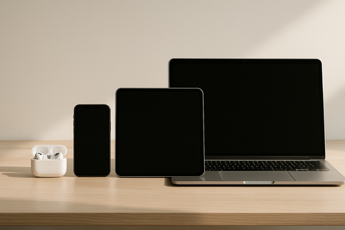 Produits Apple d'occasion soigneusement testés sur un bureau minimaliste
