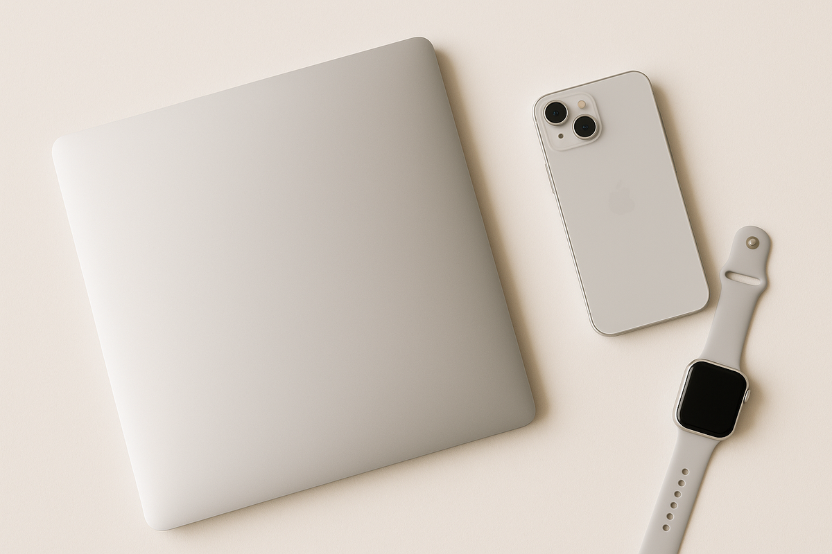 Illustration de différents appareils Apple sur un fond minimaliste