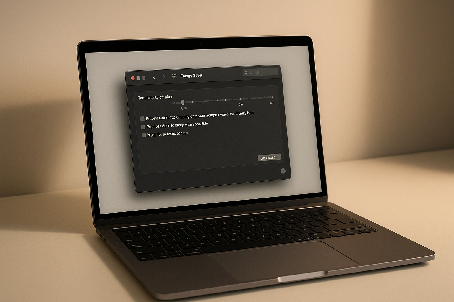 Un MacBook moderne affichant les paramètres d'économie d'énergie sur un bureau minimaliste
