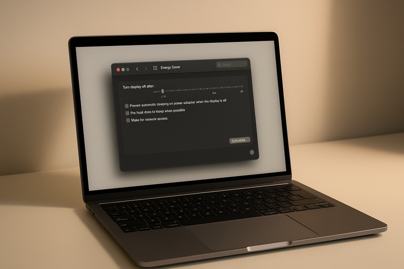 Un MacBook moderne affichant les paramètres d'économie d'énergie sur un bureau minimaliste