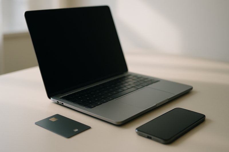 Illustration d'un MacBook avec carte de crédit et smartphone sur un bureau minimaliste