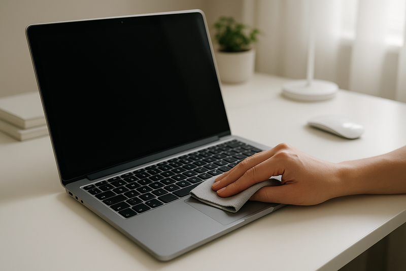 Nettoyage d'un MacBook avec un chiffon en microfibre sur un bureau épuré