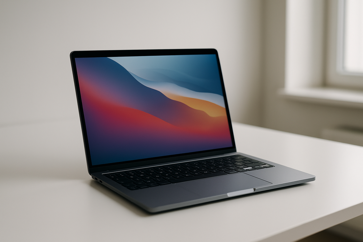 MacBook Pro M1 sur un bureau moderne, illustration de durabilité