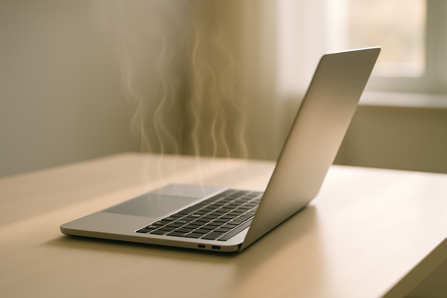 MacBook surchauffant avec vagues de chaleur visible sur un bureau épuré