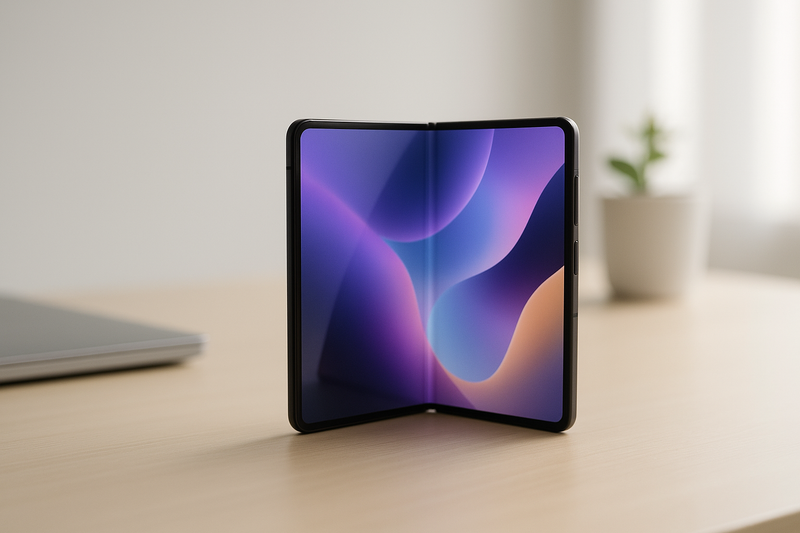 Illustration d'un smartphone pliable sur un bureau minimaliste
