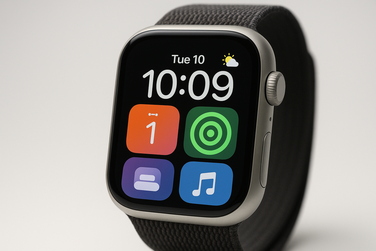 Apple Watch avec l'interface de watchOS 27 sur un fond épuré