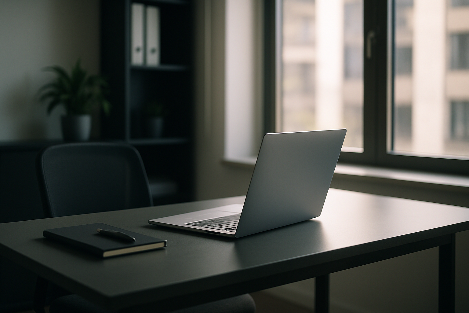 Bureau moderne avec un MacBook d'occasion sur la table