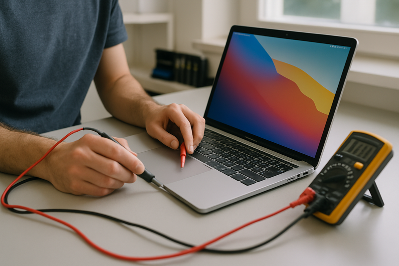Un technicien testant un MacBook sur un banc de travail propre