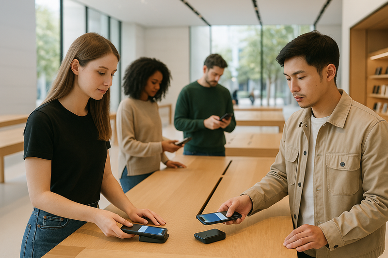 Clients utilisant des iPhones pour payer sans contact dans un Apple Store moderne