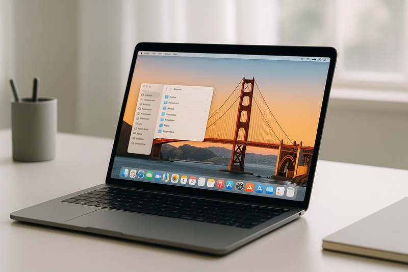 MacBook affichant macOS Golden Gate sur un bureau épuré