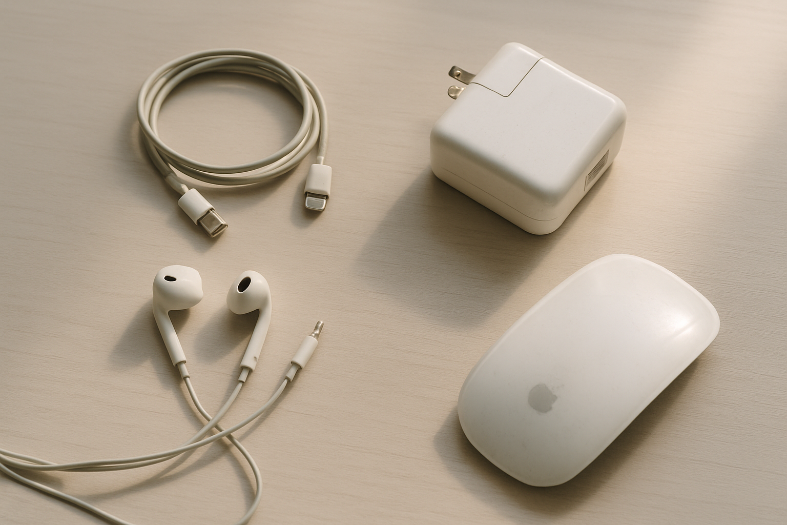 Accessoires Apple d'occasion sur un bureau minimaliste