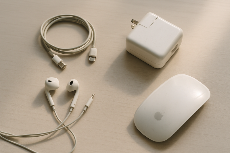 Accessoires Apple d'occasion sur un bureau minimaliste