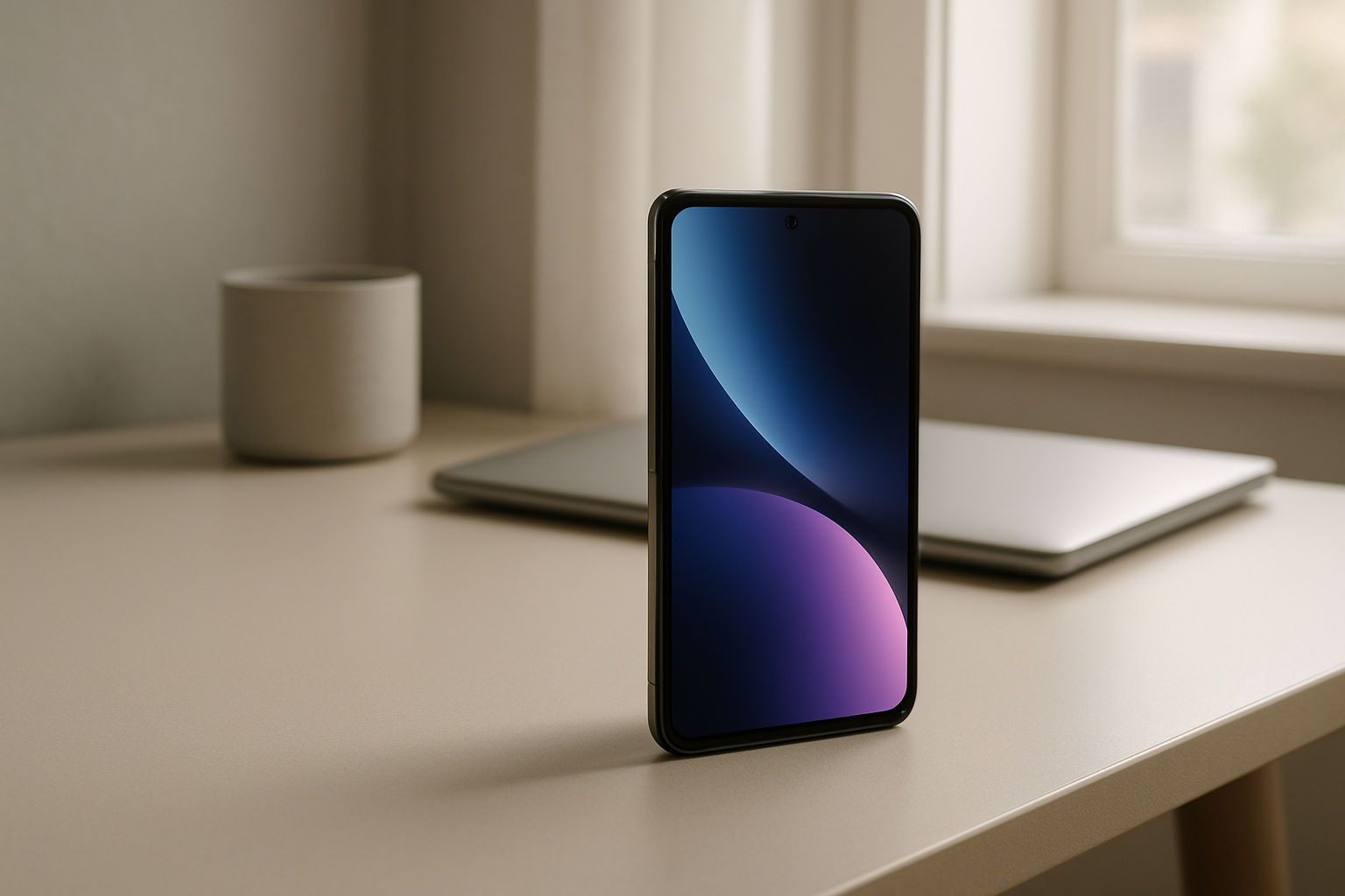iPhone pliable sur un bureau moderne, potentiel impact sur le marché de la tech d'occasion