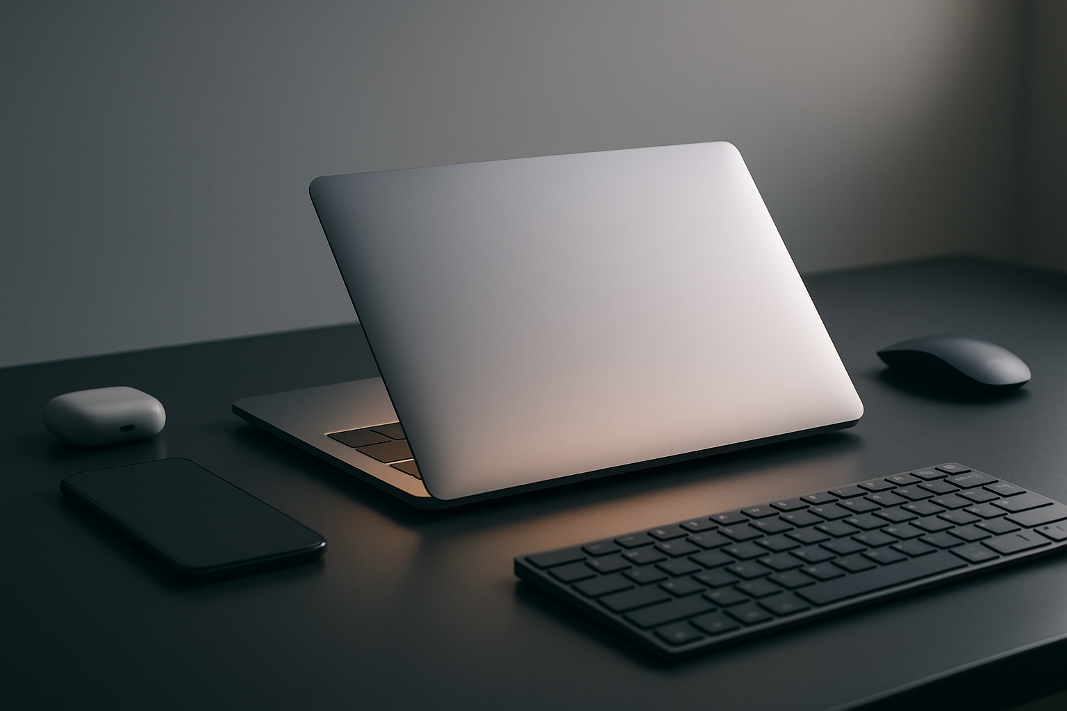 Un MacBook d'occasion sur un bureau minimaliste, prêt à être acheté