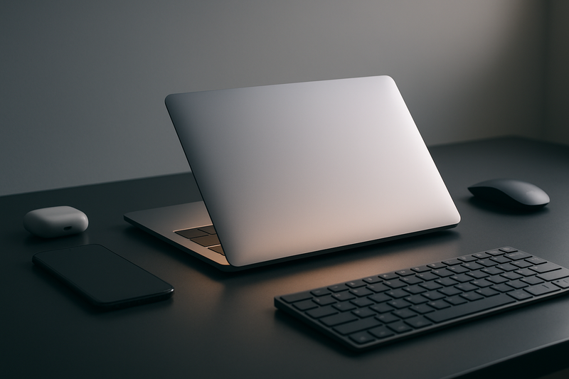 Un MacBook d'occasion sur un bureau minimaliste, prêt à être acheté