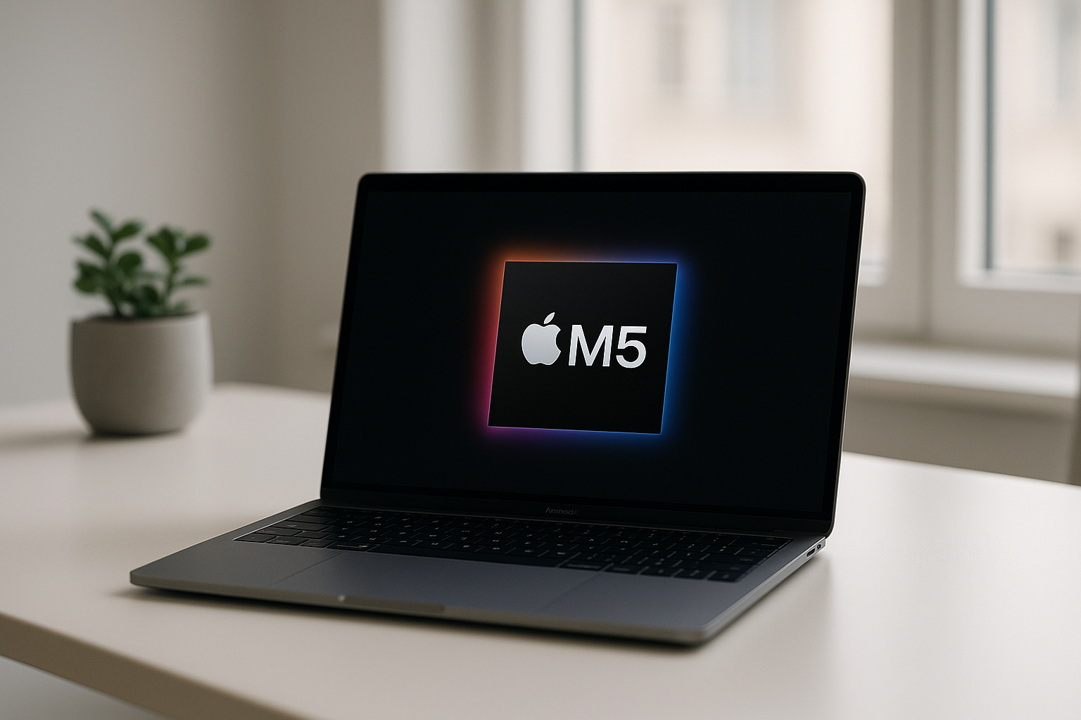 Illustration d'un ordinateur portable moderne avec puce Apple Silicon M5
