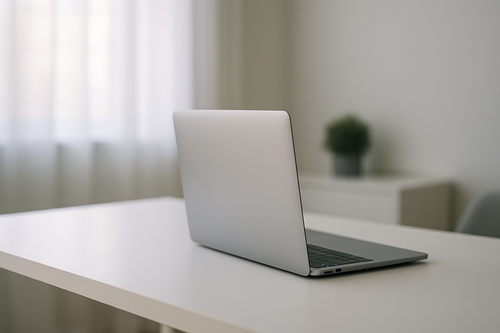 Illustration d'un MacBook moderne sur un bureau épuré
