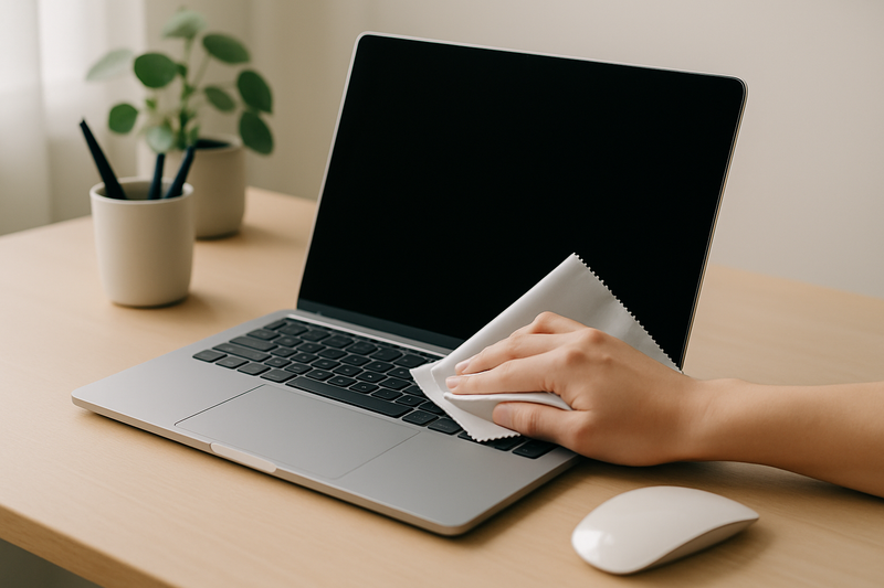 Nettoyage d'un MacBook avec un chiffon en microfibre sur un bureau élégant