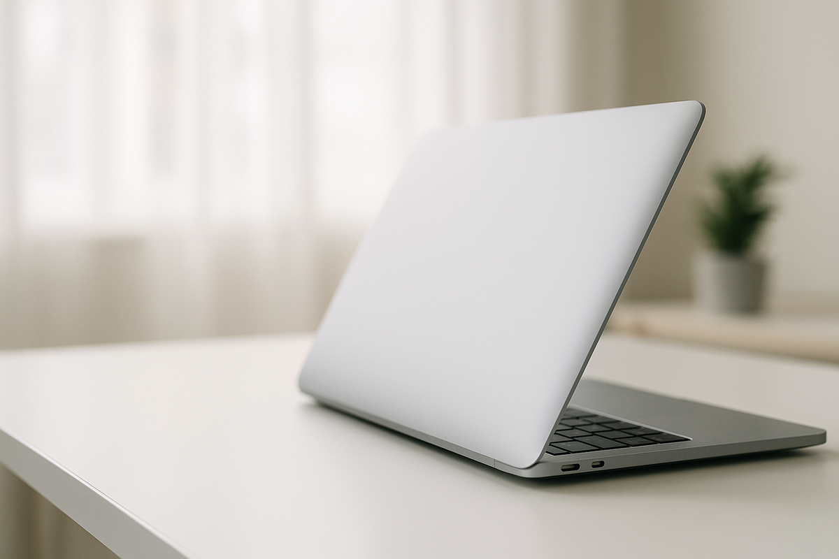 MacBook M1 sur un bureau épuré, mettant en avant son design moderne