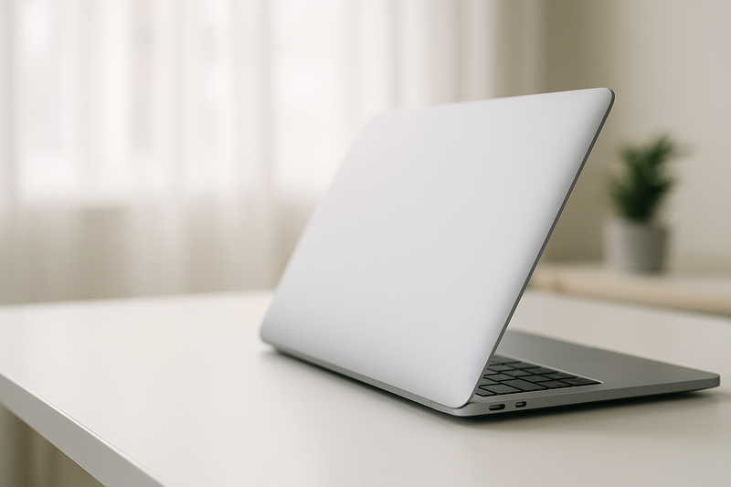 MacBook M1 sur un bureau épuré, mettant en avant son design moderne