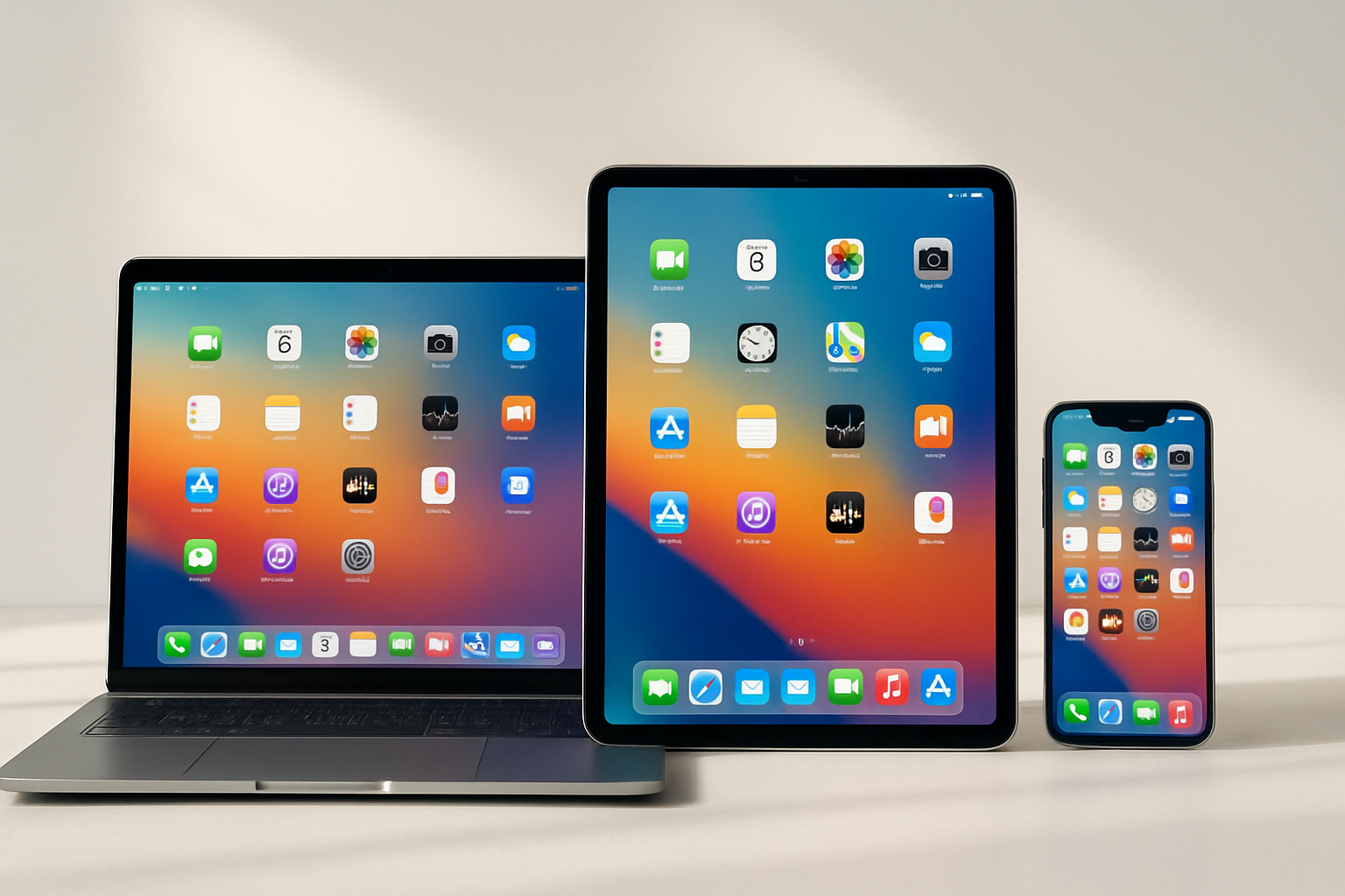 Appareils Apple dont un MacBook, iPad et iPhone, affichant des écrans d'applications colorés