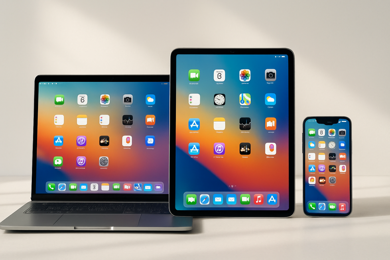 Appareils Apple dont un MacBook, iPad et iPhone, affichant des écrans d'applications colorés