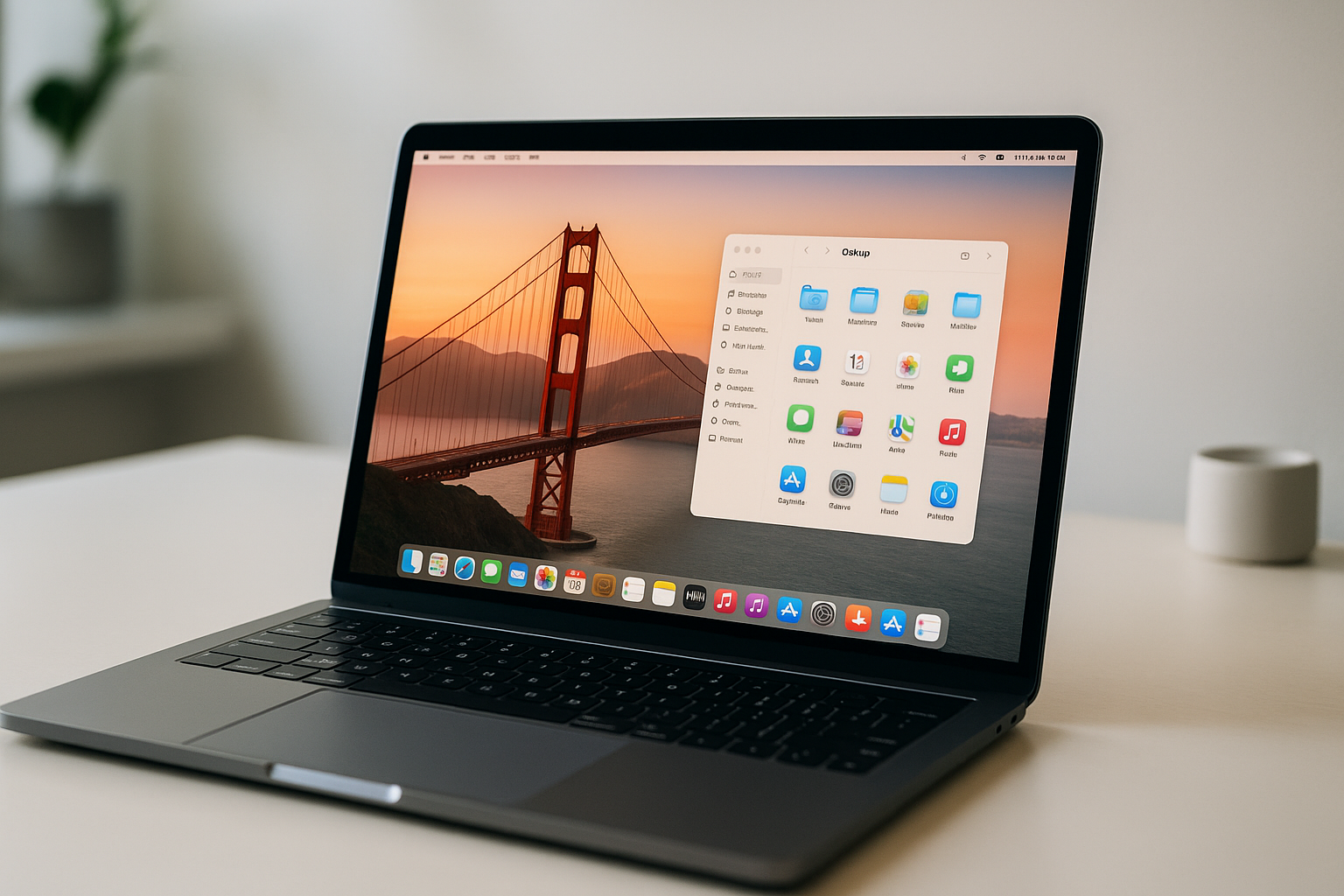 MacBook montrant l'interface de macOS Golden Gate sur un bureau épuré