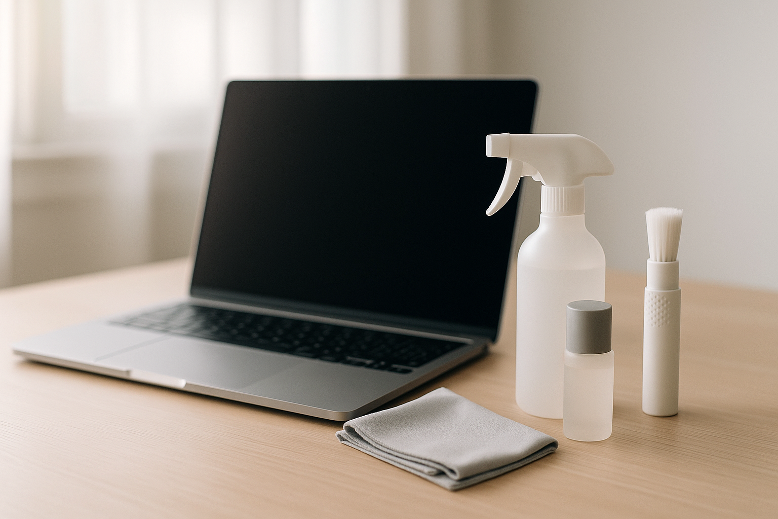 Nettoyage d'un MacBook avec un chiffon en microfibre et des produits d'entretien