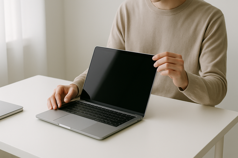 Vérification d'un MacBook d'occasion sur un bureau épuré