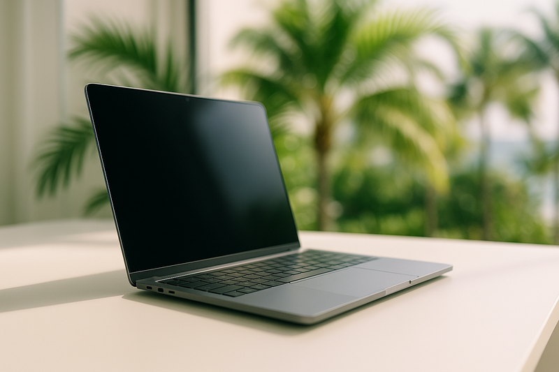 MacBook sur un bureau épuré avec un fond tropical, illustration pour livraison aux DOM-TOM