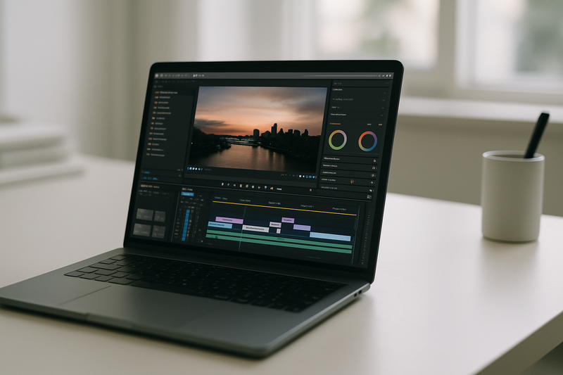 MacBook sur un bureau épuré avec un logiciel de montage vidéo ouvert
