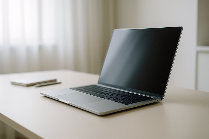 MacBook Pro d'occasion sur un bureau épuré, lumière douce