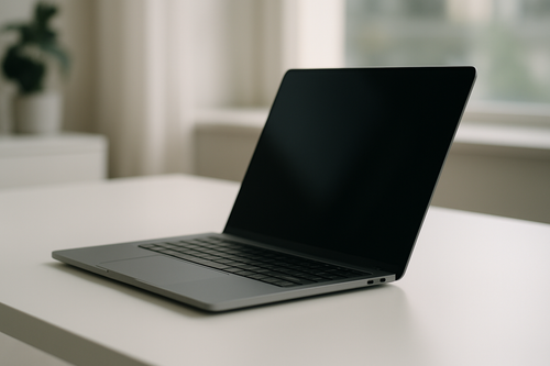 Illustration d'un MacBook d'occasion sur un bureau minimaliste