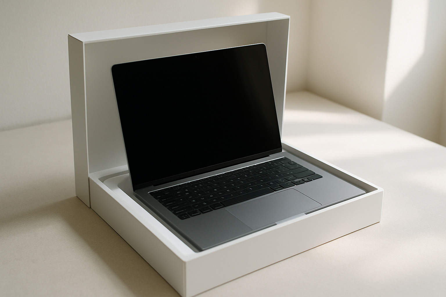 Boîte ouverte avec un ordinateur portable Apple à l'intérieur, état quasi neuf