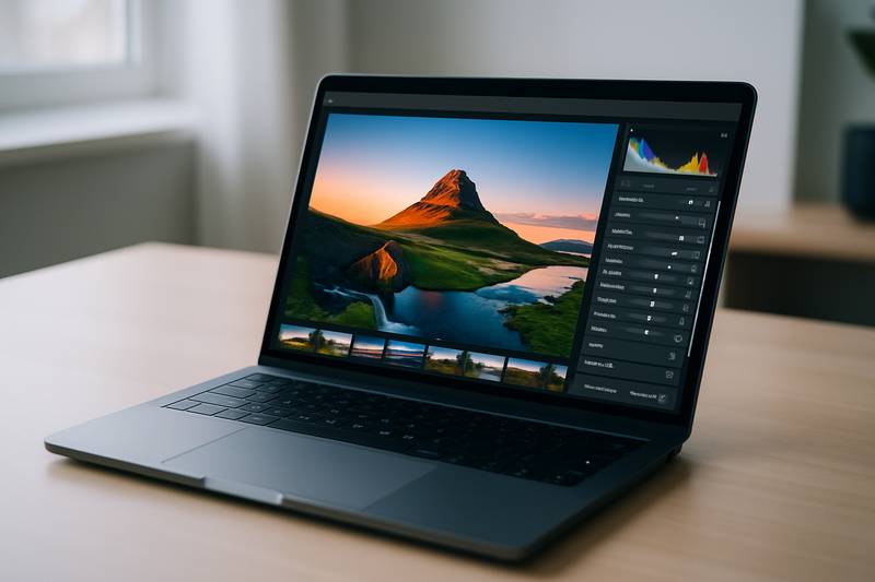 MacBook pour la photo avec logiciel de retouche sur l'écran